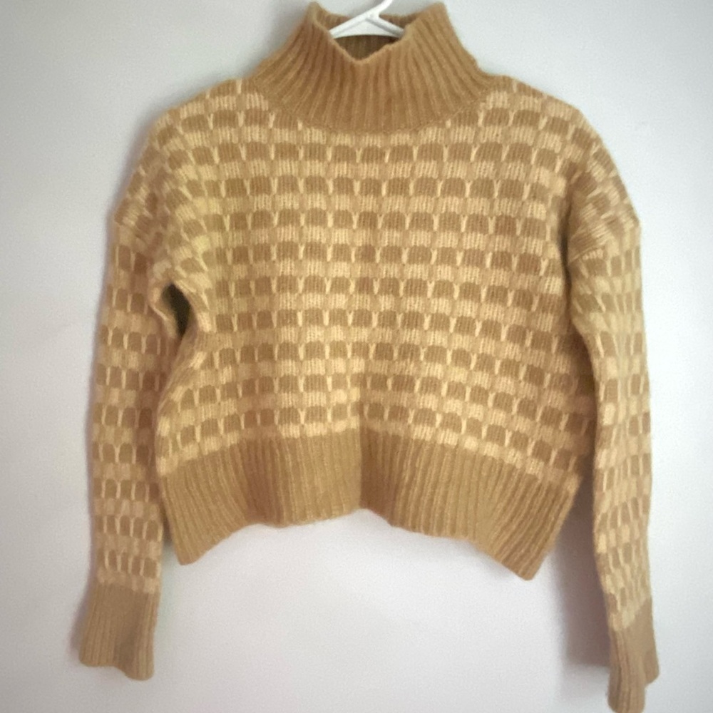 Everlane The Cloud Checkered Turtleneck Sweater Size XS Tan